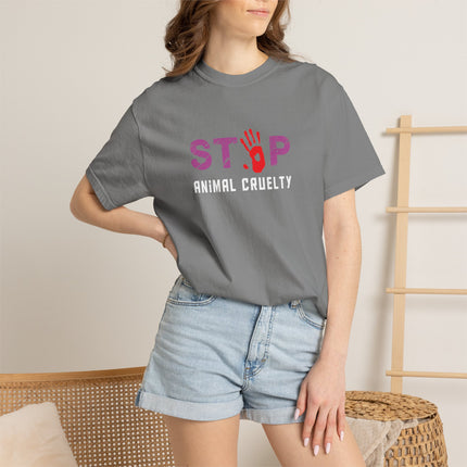 STOP handprint graphic T-Shirt | purple pattern, red palm print