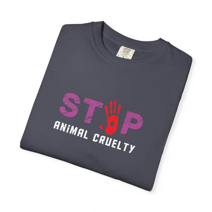 STOP handprint graphic T-Shirt | purple pattern, red palm print