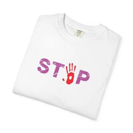 STOP handprint graphic T-Shirt | purple pattern, red palm print