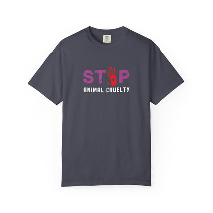 STOP handprint graphic T-Shirt | purple pattern, red palm print