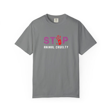 STOP handprint graphic T-Shirt | purple pattern, red palm print