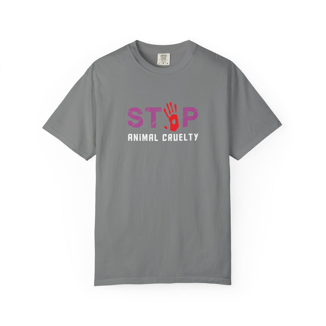 STOP handprint graphic T-Shirt | purple pattern, red palm print