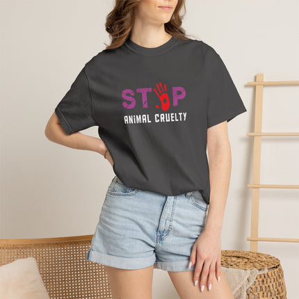 STOP handprint graphic T-Shirt | purple pattern, red palm print