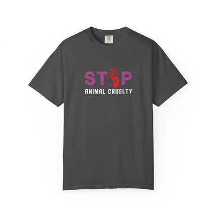STOP handprint graphic T-Shirt | purple pattern, red palm print