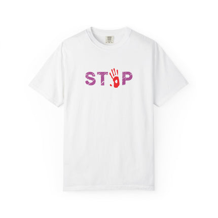 STOP handprint graphic T-Shirt | purple pattern, red palm print