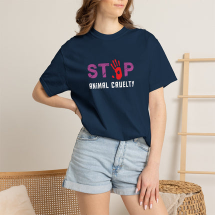 STOP handprint graphic T-Shirt | purple pattern, red palm print