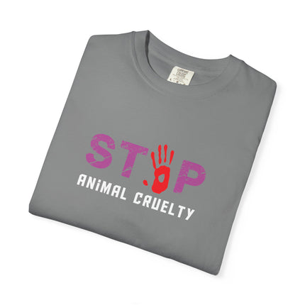 STOP handprint graphic T-Shirt | purple pattern, red palm print
