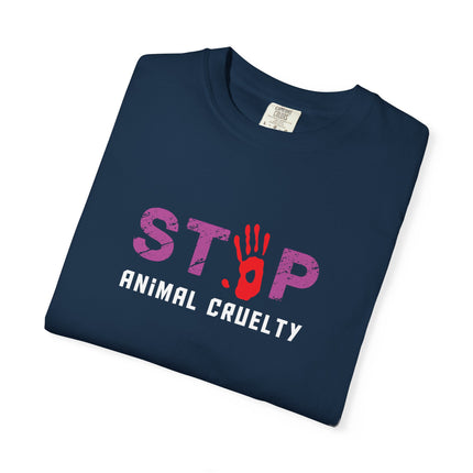 STOP handprint graphic T-Shirt | purple pattern, red palm print