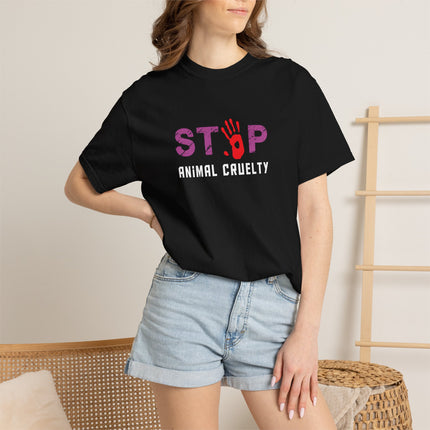 STOP handprint graphic T-Shirt | purple pattern, red palm print