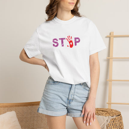 STOP handprint graphic T-Shirt | purple pattern, red palm print