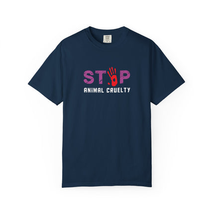 STOP handprint graphic T-Shirt | purple pattern, red palm print