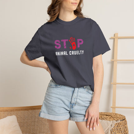 STOP handprint graphic T-Shirt | purple pattern, red palm print
