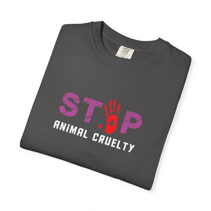 STOP handprint graphic T-Shirt | purple pattern, red palm print