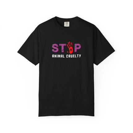 STOP handprint graphic T-Shirt | purple pattern, red palm print