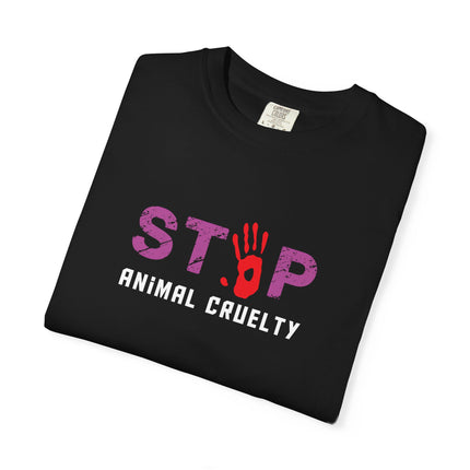 STOP handprint graphic T-Shirt | purple pattern, red palm print